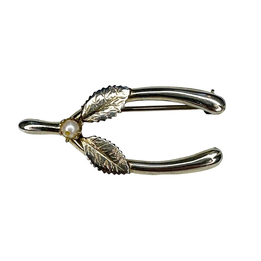 VINTAGE Wishbone Brooch with Faux Pearl & Leaf‎ Motif • silver tone metal, white